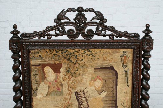 винтажный каминный экран из дуба и чугуна, 19 век