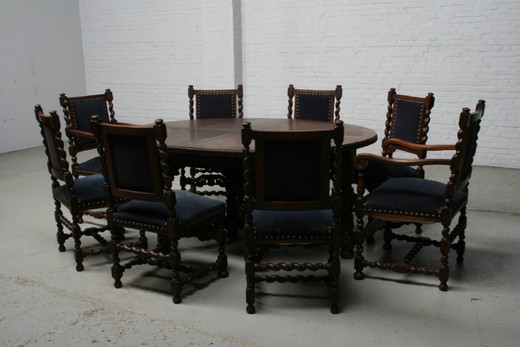 антикварный якобинский стол и стулья из дуба, 20 век
