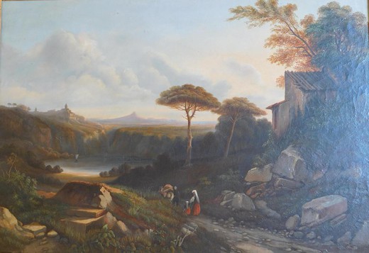 старинная картина маслом римский пейзаж, 19 век