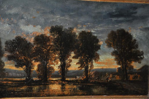 винтажная картина маслом пейзаж в сумерках, 19 век