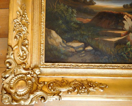 старинная картина пейзаж, масло, холст, 19 век
