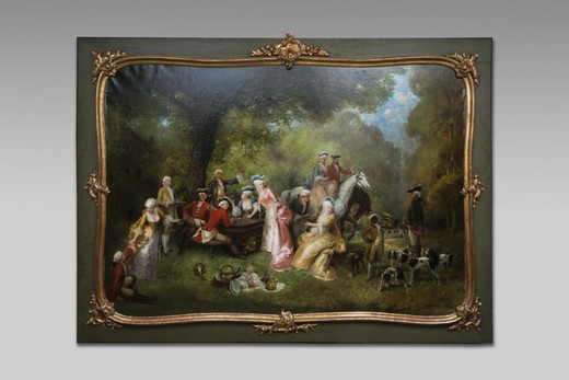 антикварная картина маслом охотники на обеде, 19 век