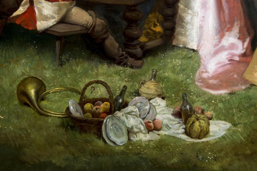 винтажная картина маслом охотники на обеде, 19 век