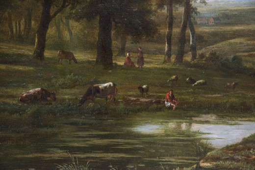 старинная картина пейзаж на краю реки, масло, 19 век
