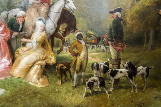 винтажная картина обед охотников, масло, 19 век