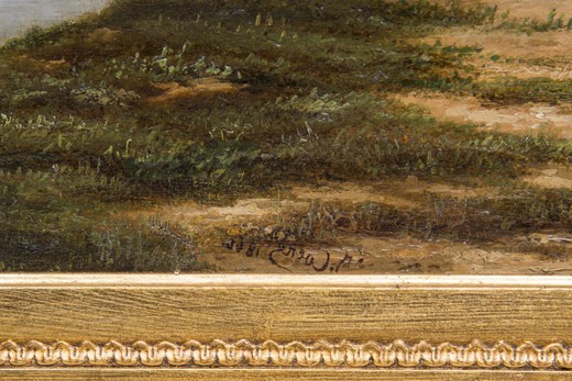 винтажная картина пейзаж на краю реки, масло, 19 век