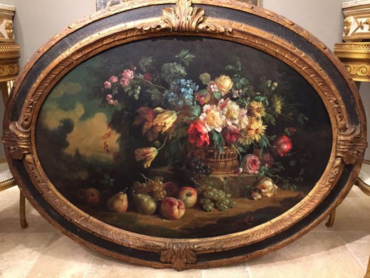 антикварная картина маслом фрукты и цветы, 19 век