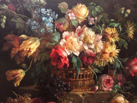 старинная картина маслом фрукты и цветы, 19 век