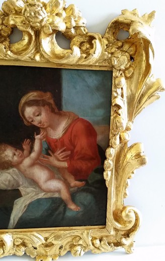 антикварная картина в золоченной раме, мадонна с младенцем, 17 век