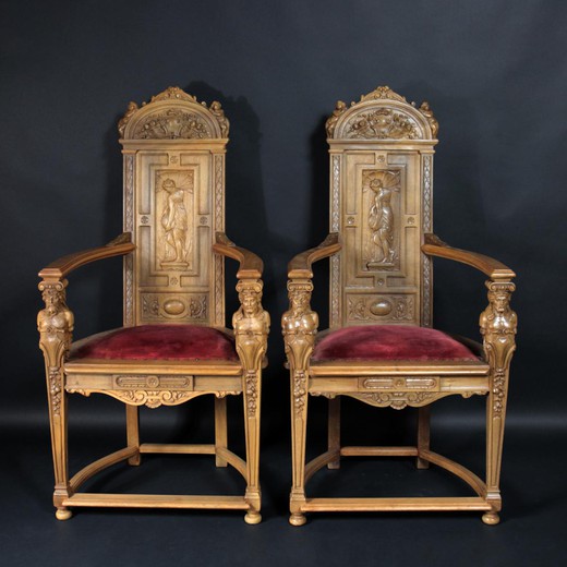 антикварные парные кресла в стиле нео ренессанс, орех, 19 век
