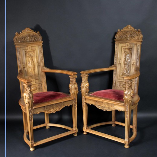 старинные парные кресла в стиле нео ренессанс, орех, 19 век