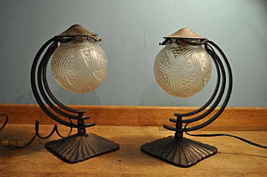 старинные парные лампы в стиле ар деко из металла и стекла, 19 век