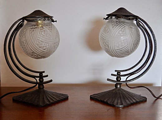 антикварные парные лампы в стиле ар деко из металла и стекла, 19 век
