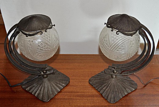 винтажные настольные лампы из кованного железа и стекла, ар деко, 19 век