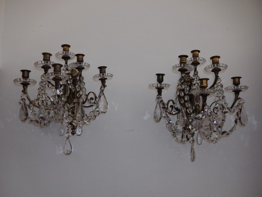 антикварные парные светильники баккара из бронзы и хрусталя, 19 век