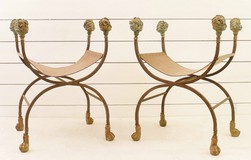 Pair Of Stools Curule - Iron - Gilt Bronze - Leather