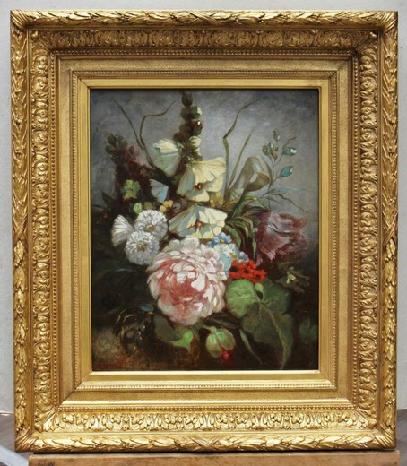 антикварная картина маслом букет цветов, 1900 год
