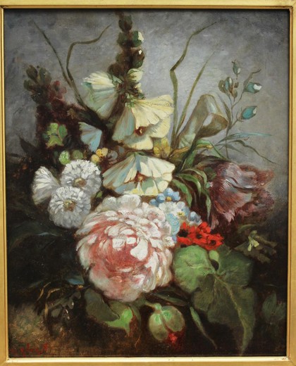 старинная картина маслом букет цветов, 1900 год