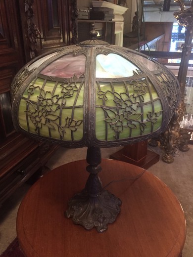 антикварная настольная лампа из стекла и бронзы, 20 век