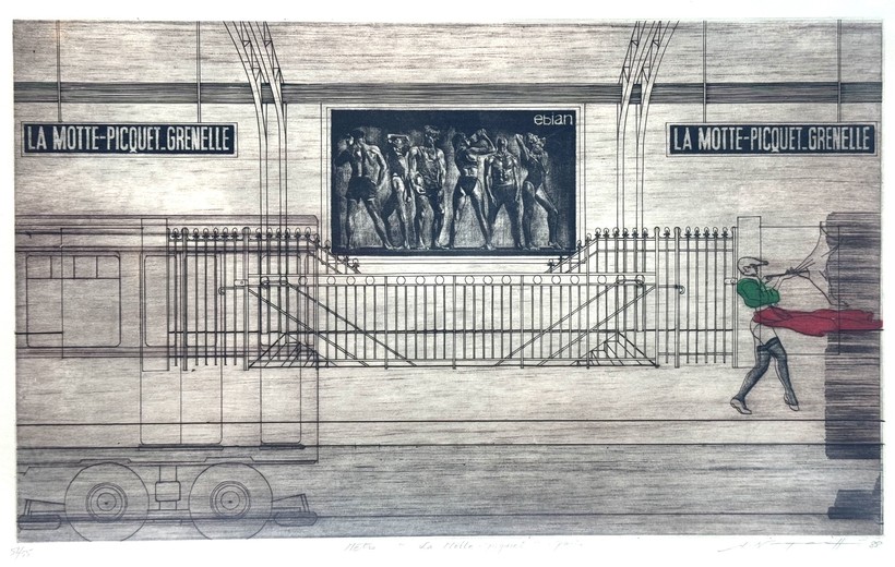 Etching showing a Paris metro station