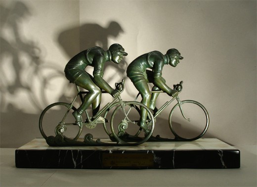 old antique things for interior and gifts sculpture cyclists bronze and marble France 1930s
